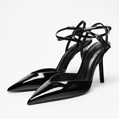 Sexy Pointed Toe Patent Leather Women Pumps Elegant Ankle Strap Buckle High Heels Luxury Designer Shoes Mules Heeled Sandals