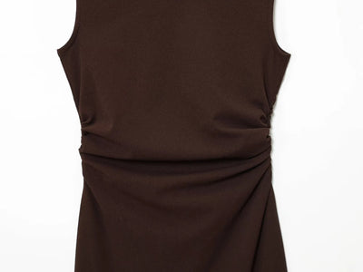 DEEABAE Autumn new women's fashion temperament pleated design with back slit round neck sleeveless MIDI dress