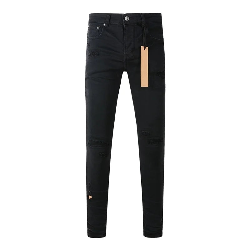High Street Men's Jeans Low Rise Stretch Skinny Button Fly Ripped Hold Black Pants