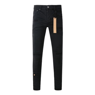 High Street Men's Jeans Low Rise Stretch Skinny Button Fly Ripped Hold Black Pants
