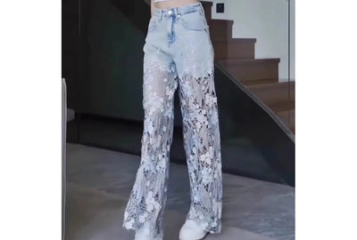 Large Size Women's Summer 2025 New High Waist Versatile Loose Fashion Wide-leg Pants Personalized Hollow Light Blue Ripped Jeans