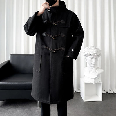 2025 Autumn Men Korean Hooded Trench Coat Men Casual Horn Button Woollen Coat Men Black Warm Long Coat Male Wool Blends Overcoat