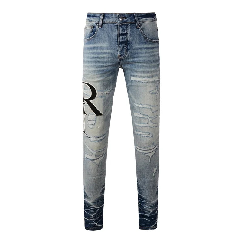 Fashion Top Quality Streetwear Distressed Men's Jeans  Vintage Low Rise Stretch Skinny Button Fly Ripped Hold Pants