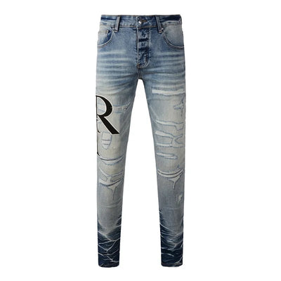 Fashion Top Quality Streetwear Distressed Men's Jeans  Vintage Low Rise Stretch Skinny Button Fly Ripped Hold Pants