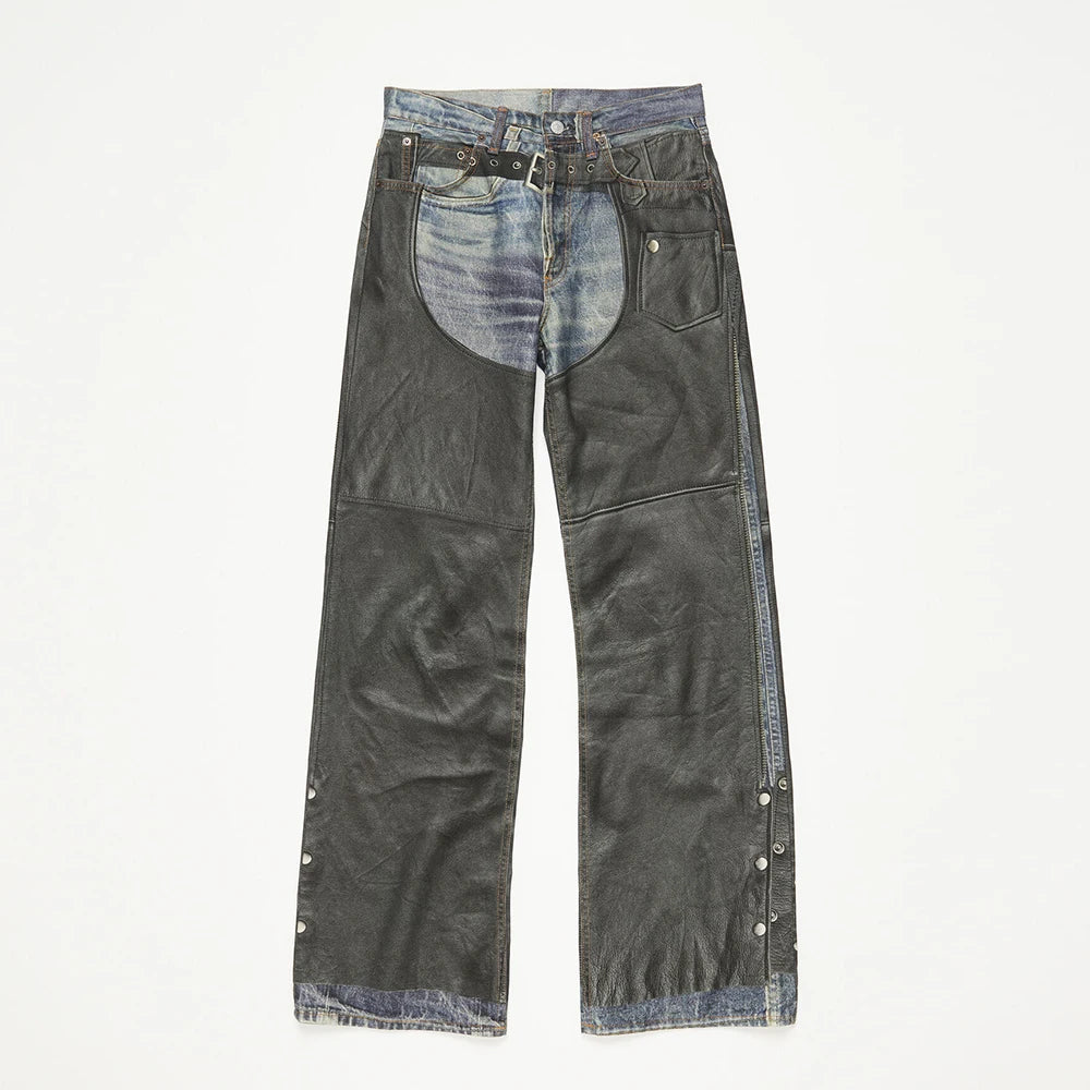 High Street Pu Leather Patchwork Baggy Jeans Pants for Men and Women Side Buttons Striaght Casual Loose Denim Trousers Oversize