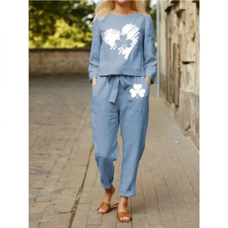 Spring Summer New Vintage Print Long Sleeve round Neck T-Shirt Set Wide Leg Pants Ethnic Style Fashionable Women's Outfit