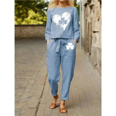 Spring Summer New Vintage Print Long Sleeve round Neck T-Shirt Set Wide Leg Pants Ethnic Style Fashionable Women's Outfit