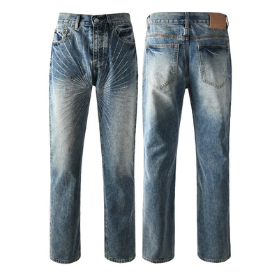 Men Straight jeans Fashion High Street Retro wash Rhinestones Retro Street Style Hip-hop Straight Trousers Streetwear Jeans