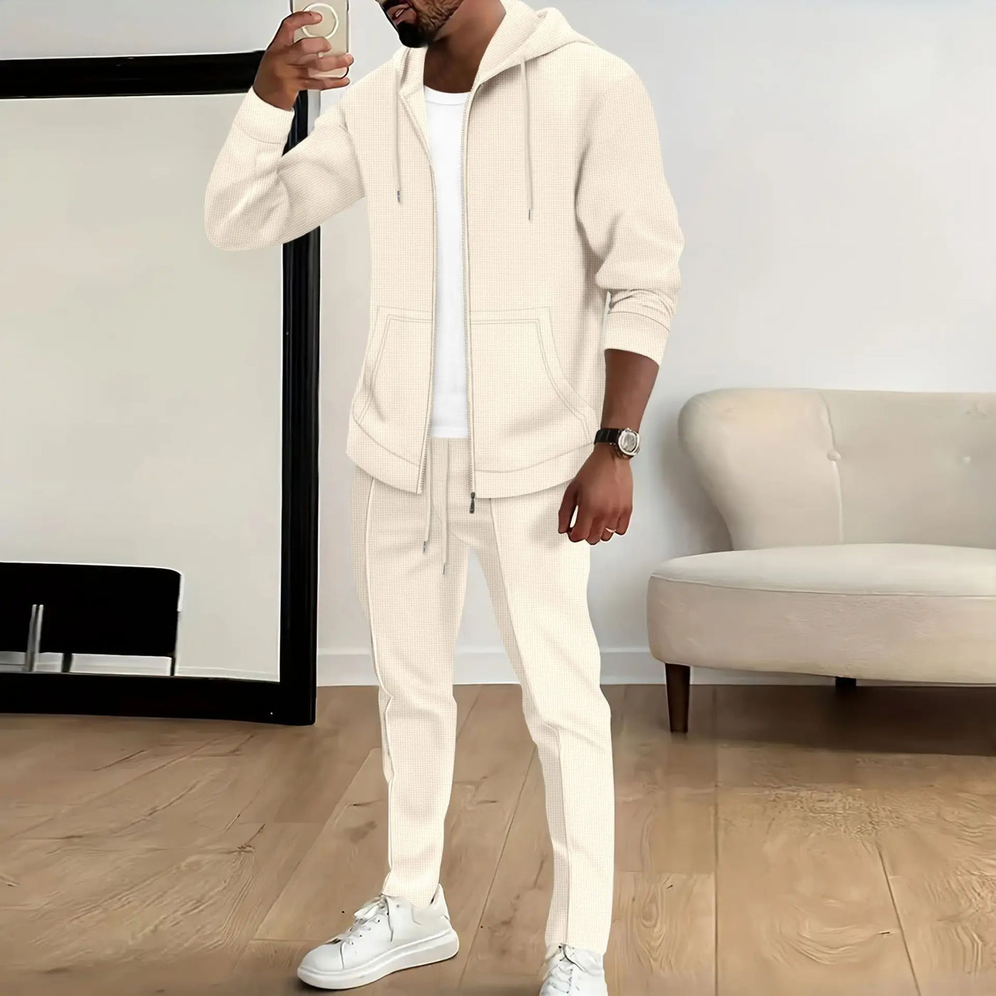 Fall Men's Solid Color Suit - Fashionable Trendy Waffle Hooded Pockets Pullover - Casual Zip Jacket - Long Sleeve Pants Set