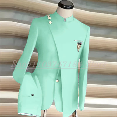 Navy Blue Men's Suits Single Breasted Stand Lapel Blazer African Style Formal Occasion Party 2 Piece Jacket Pants Costume Homme
