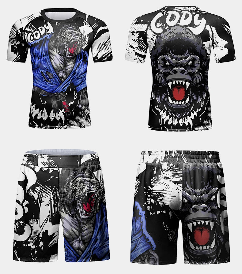 Rush Guard Jiu jitsu MMA Compression T-Shirt+Pant Suit Muay Thai Shorts Bjj Boxing Rashguard Men's Grappling Kickboxing Clothing