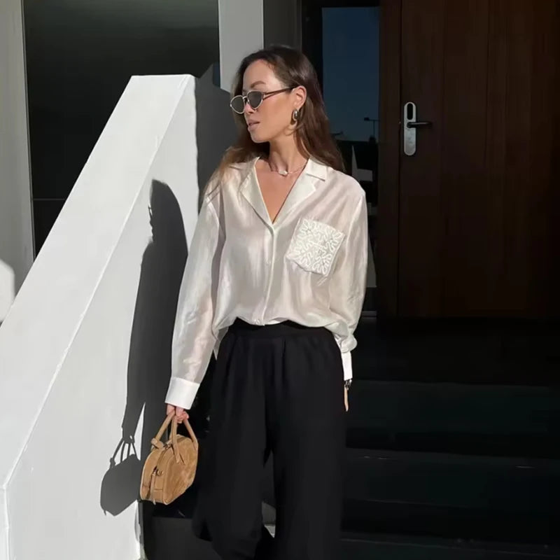 Women's Shirts Autumn 2025 New Fashion Office Shirts Women Chic Pocket Embroidery Retro Elegant Loose Young Blouses Street Tops