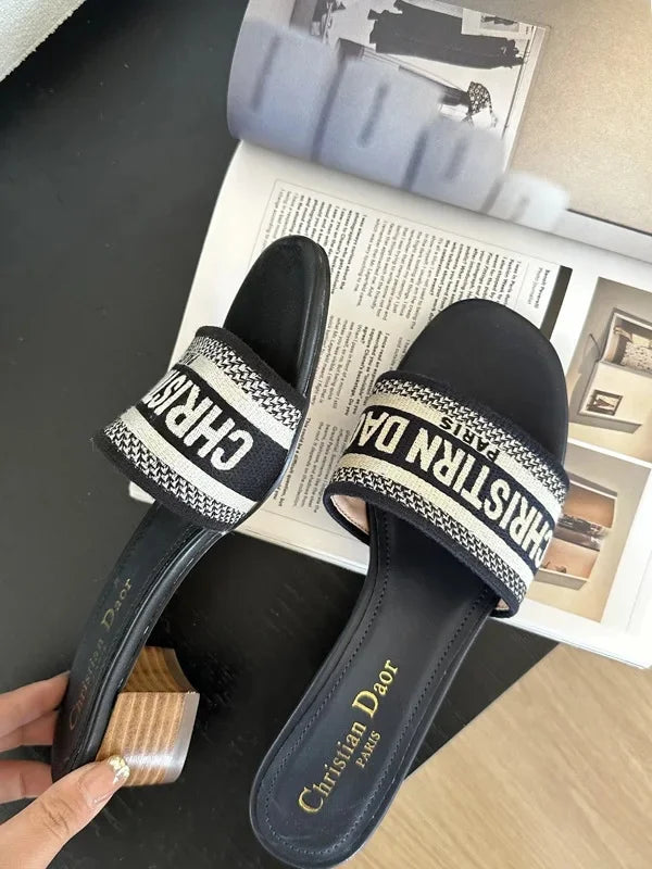 2024 Spring Summer New Women's Embroidery Letter Slippers One-Row Round Head Thick Heel Middle Heel Slip-On Outer Wear