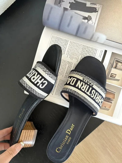 2024 Spring Summer New Women's Embroidery Letter Slippers One-Row Round Head Thick Heel Middle Heel Slip-On Outer Wear