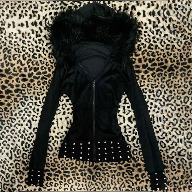 Y2K Harajuku Aesthetic Women's Fur Collar Hoodie Sexy Slim Chic Casual Solid Color Cardigan Sweatshirt Goth Punk Rock Streetwear