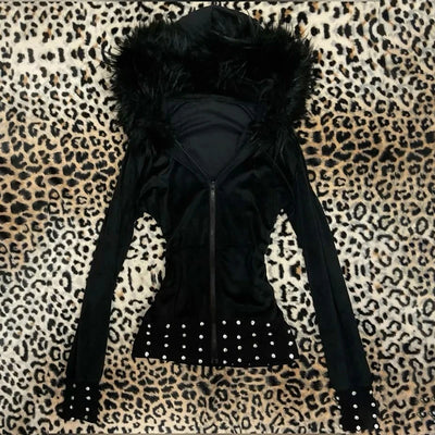 Y2K Harajuku Aesthetic Women's Fur Collar Hoodie Sexy Slim Chic Casual Solid Color Cardigan Sweatshirt Goth Punk Rock Streetwear