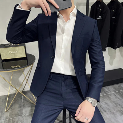 Men's Solid Color Formal Two-Piece Suit Fashion Business Casual Office Dress Wedding Party High-Quality Jacket And Pants Set
