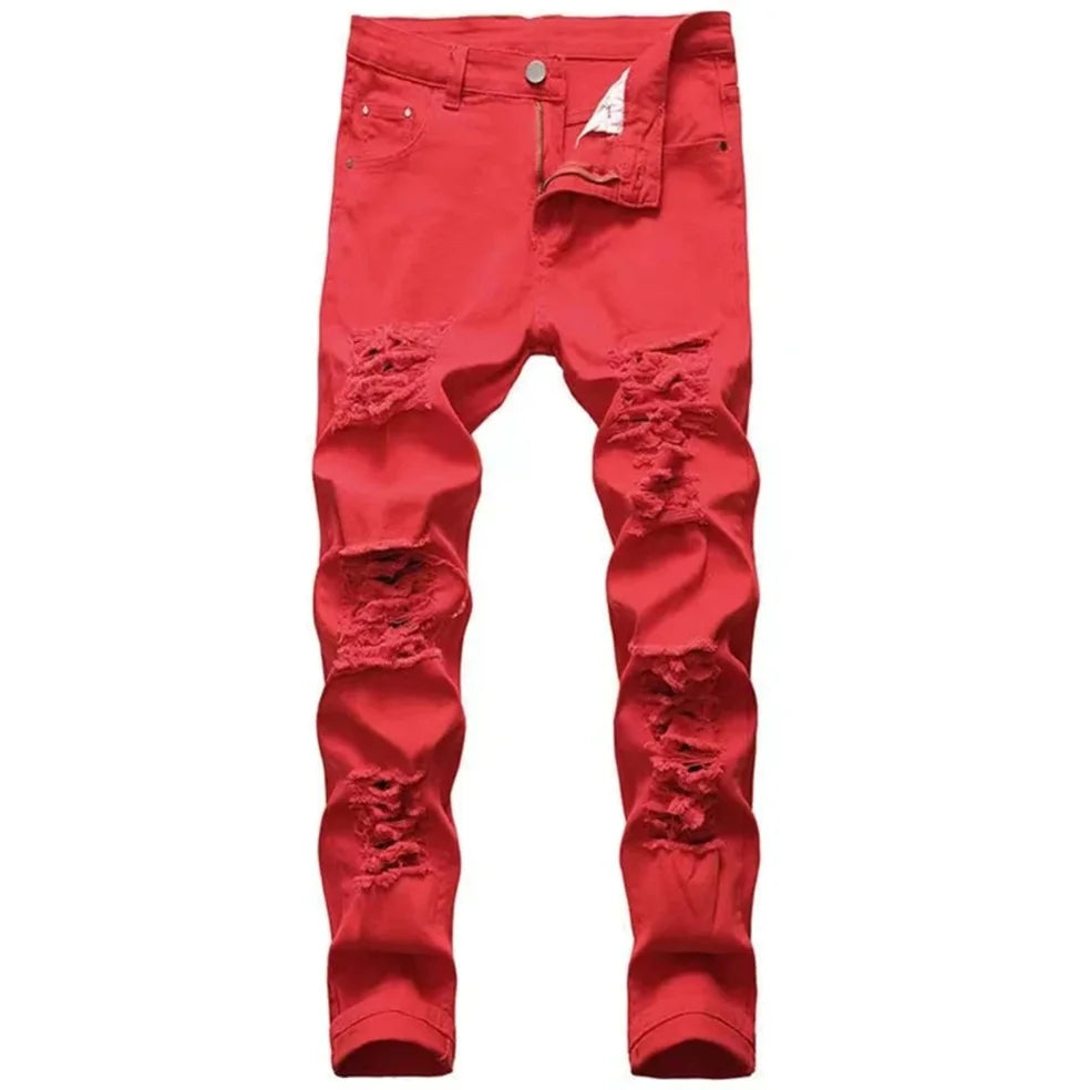 New Men 2022 American Style Fashion Stitching Two-color Yellow and Red Trend Stretch Jeans Male Trousers Denim Pants