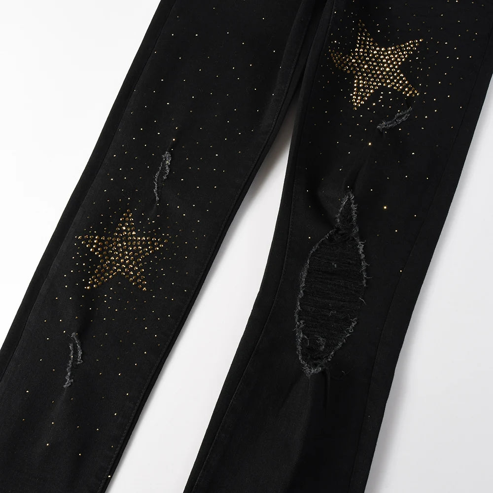 Men Star Crystal Denim Jeans Streetwear Rhinestone Skinny Tapered Pants Holes Ripped Black Stretch Trousers