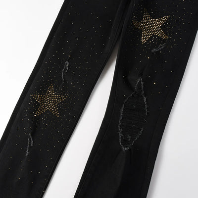 Men Star Crystal Denim Jeans Streetwear Rhinestone Skinny Tapered Pants Holes Ripped Black Stretch Trousers