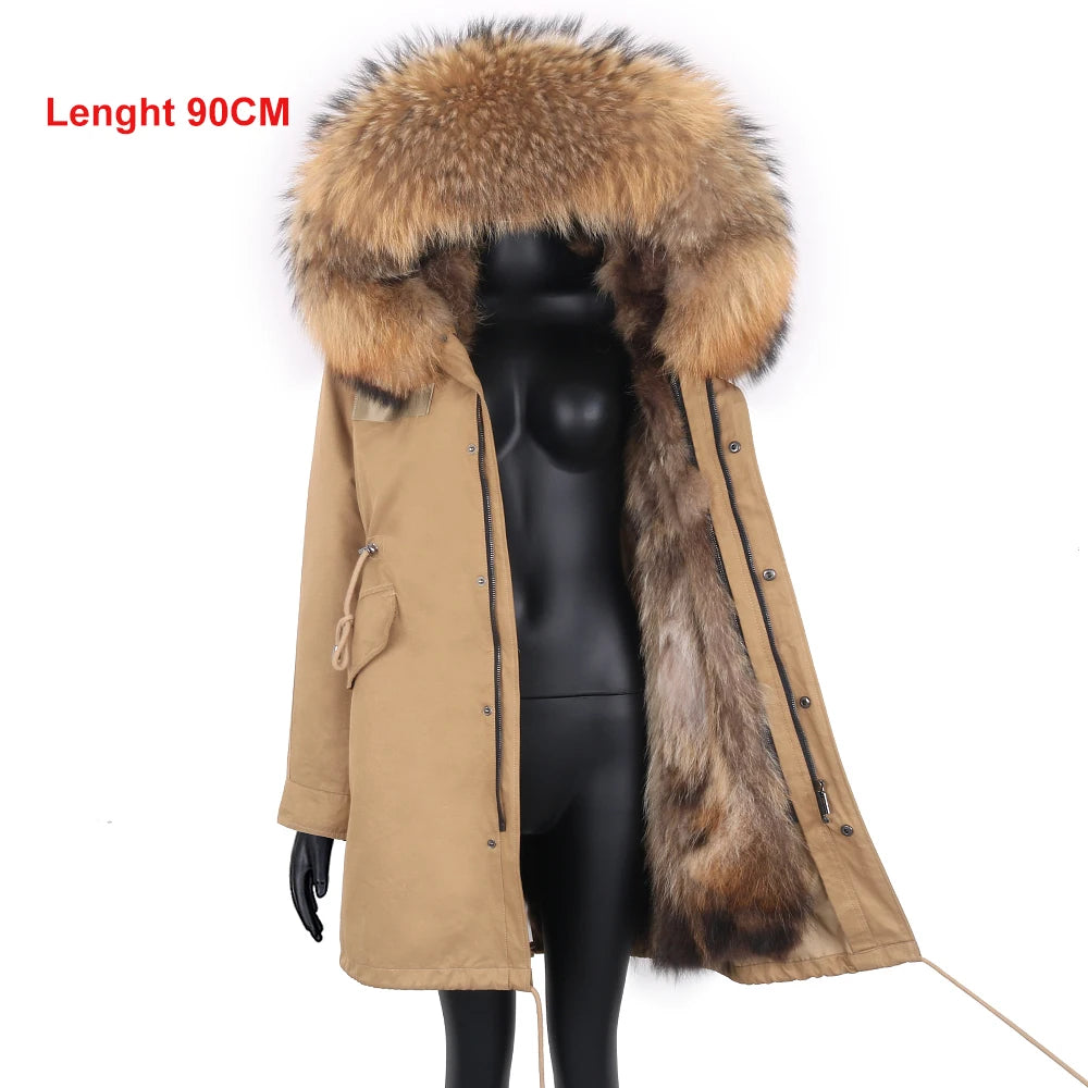2024 New Winter Jacket Women X-Long Parka Waterproof Big Natural Raccoon Fur Collar Hood Real Fur Coat Thick Warm Real Fox Fur