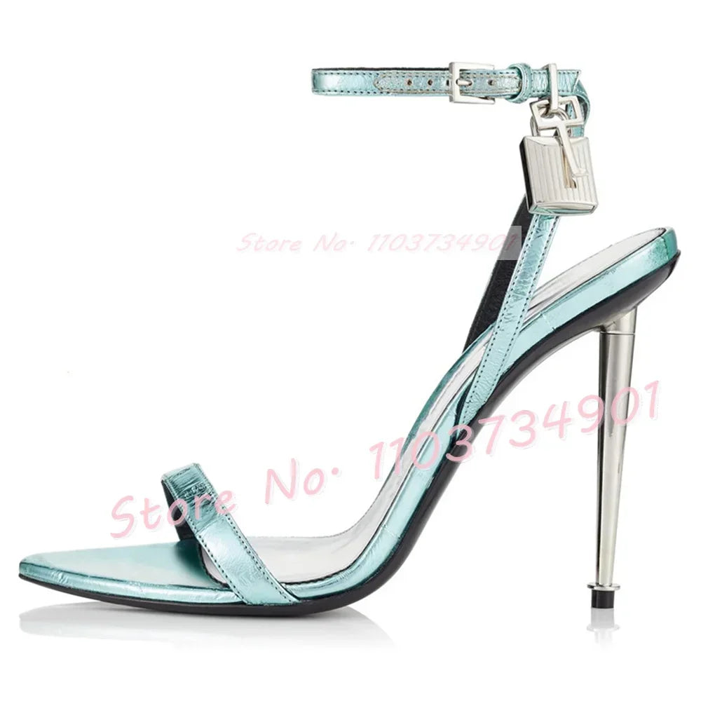 Metal Heel Lock Metallic Leather Sandals Female Luxury Open Toe Stiletto High Heels Shoes Lady Elegant Party Ankle Strap Sandals