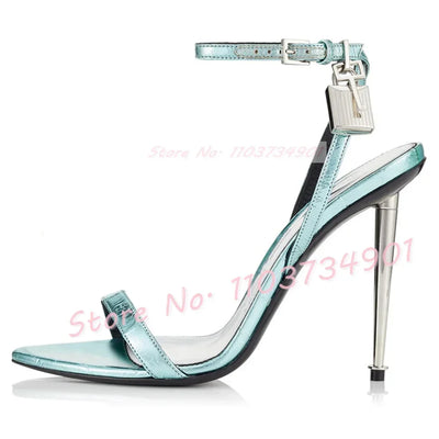Metal Heel Lock Metallic Leather Sandals Female Luxury Open Toe Stiletto High Heels Shoes Lady Elegant Party Ankle Strap Sandals