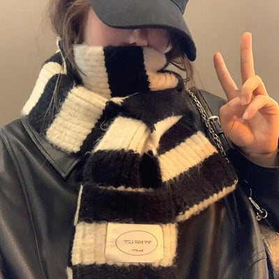 Girl's Striped Long Scarves Y2K Striped Scarf Harajuku Gothic Neck Warm Winter Warm Scarf Thickened Black White Shawl Wrap Women