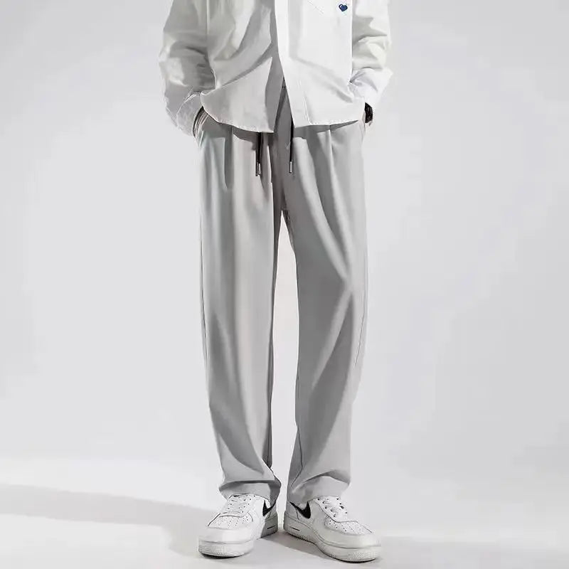 New 2025 Men's Ice Silk Qui Dry Casual Pants Thin Straight Leg Loose Drapey Spor Summer Long Trousers Everyday Wear