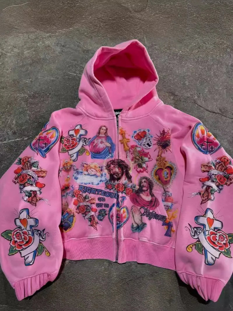 Fmxires2025 Street Casual Clothing Retro Pattern Printed Hoodie Loose Temperament Men's Hoodie Gothic Rock Fashion Sports Hoodie