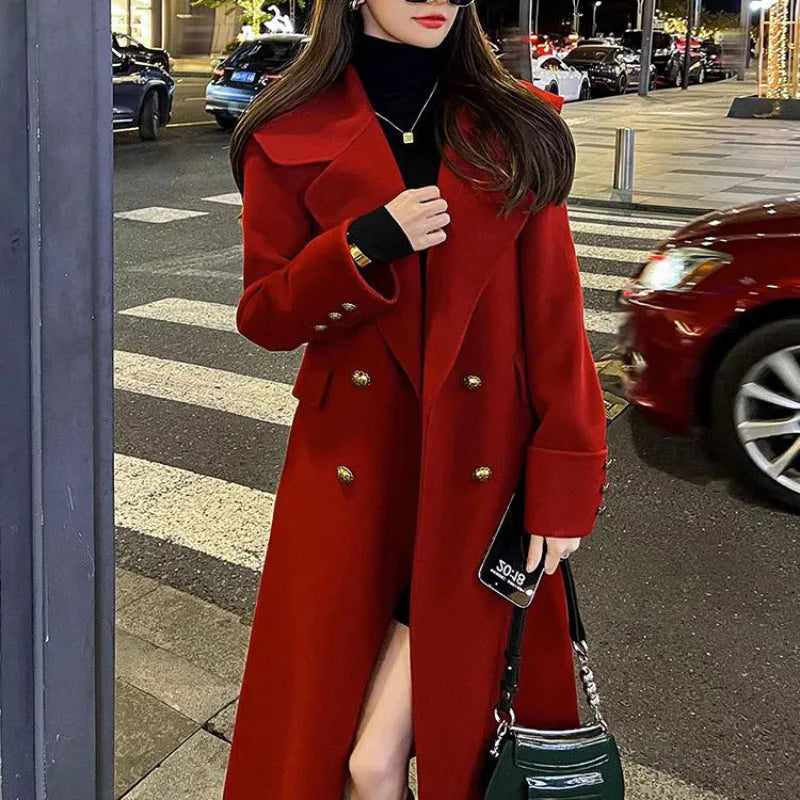 Wool Trenchcoat 2024 New Autumn Winter Chic Jacket Women's Overcoat Korean Loose Mid-Length Double-Breasted Wool Coat