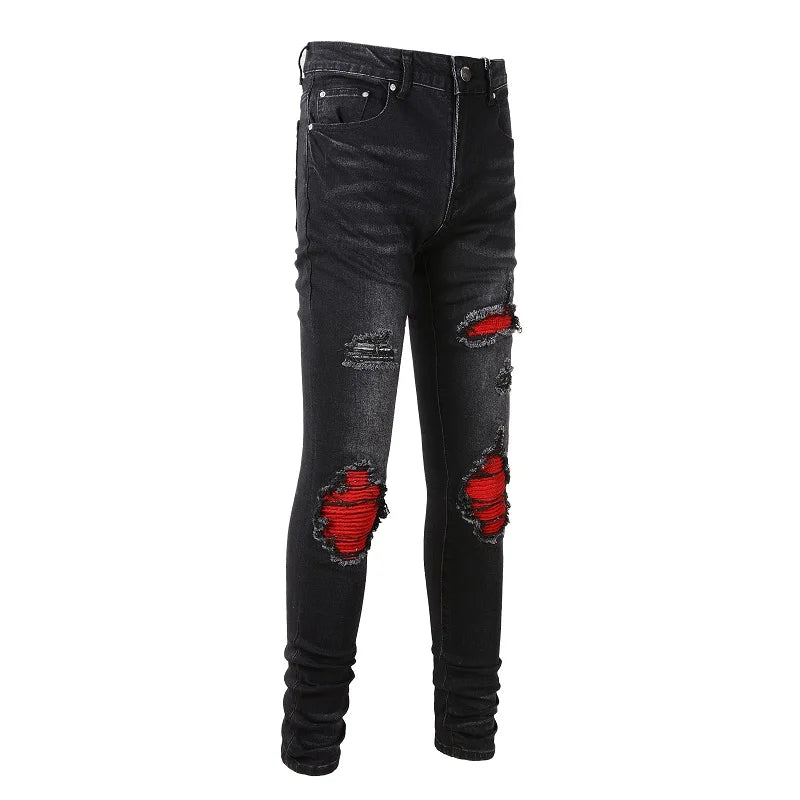 Men's Cracked Red Pleated Patch Biker Jeans Streetwear Patchwork Stretch Denim Pants Skinny Tapered Black Trousers