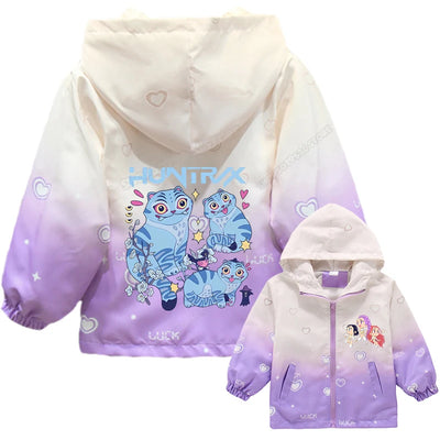 KPop Demon Hunters Girls Hood Jacket Kids Windbreak Coat Outdoor Casual Waterproof Jackets Zip Up Coat Movie Anime Outerwear