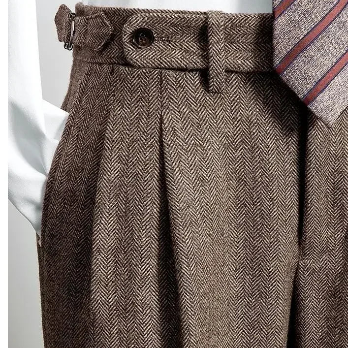 2025 Men's Autumn Winter Fashion High Waist Wool Trousers Male Tweed Casual Pockets Pants Men Long Straight Suit Pants F394