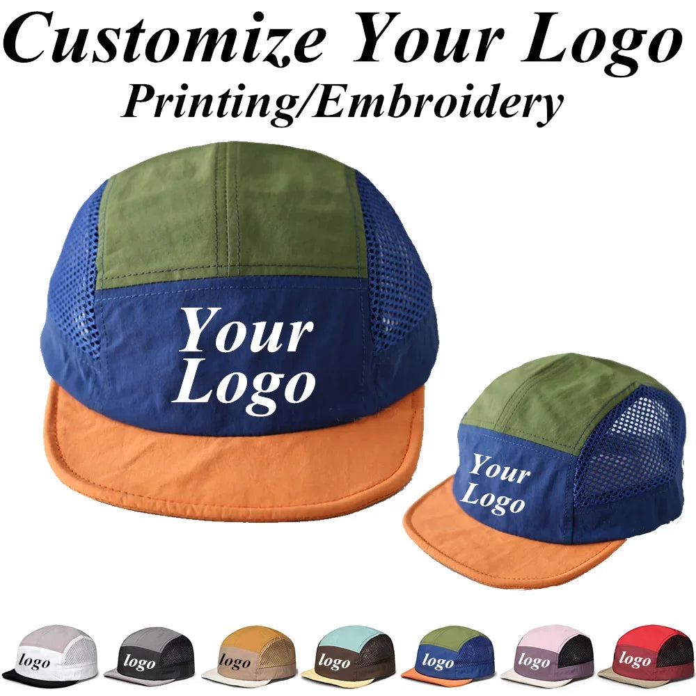 Custome Logo 5-Panel Baseball Cap For Men And Women Outdoor Breathable Mesh Flat Brim Sun Hat Hiking Camping Sports Snapback Hat