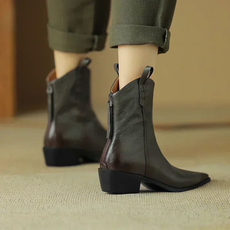 2025 Autumn/winter Women Boots Genuine Leather Western Boots Women Shoes Pointed Toe Chunky Heel Chelsea Boots Retro Ankle Boots
