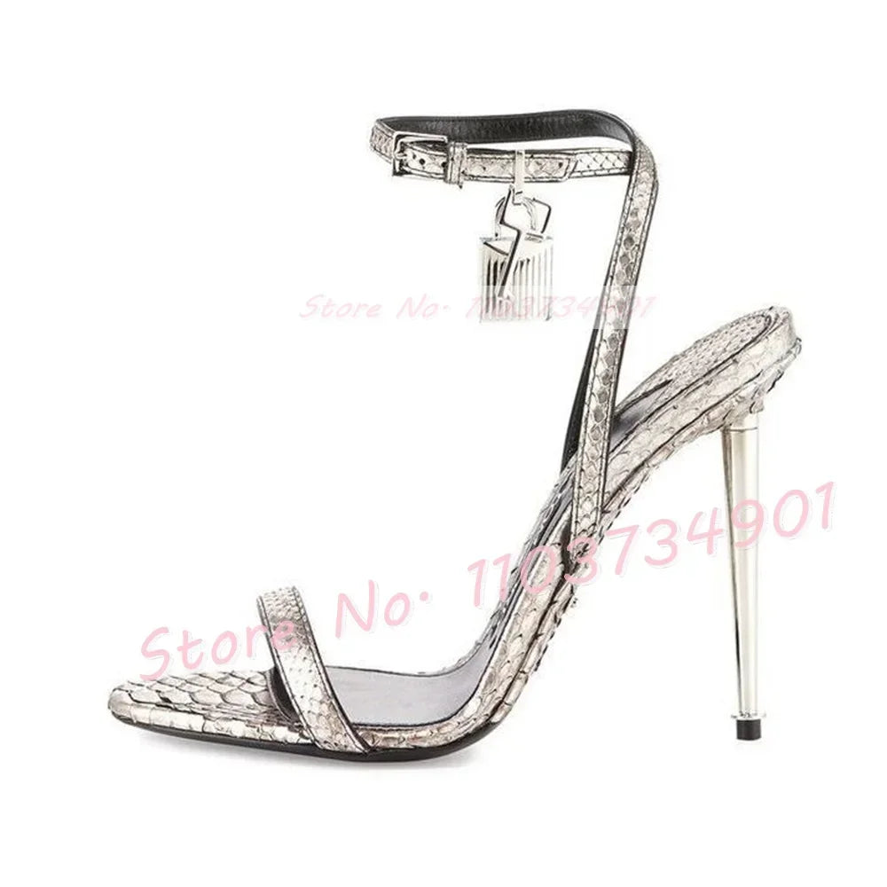 Metal Heel Lock Metallic Leather Sandals Female Luxury Open Toe Stiletto High Heels Shoes Lady Elegant Party Ankle Strap Sandals