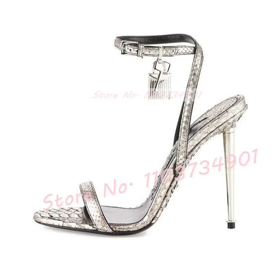 Metal Heel Lock Metallic Leather Sandals Female Luxury Open Toe Stiletto High Heels Shoes Lady Elegant Party Ankle Strap Sandals