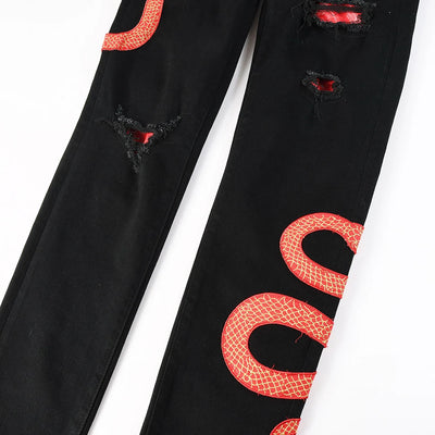 Men's Black Snake Embroidery Stretch Denim Jeans Pants Skinny Tapered Pencil Trousers with Snakeskin Leather Patch