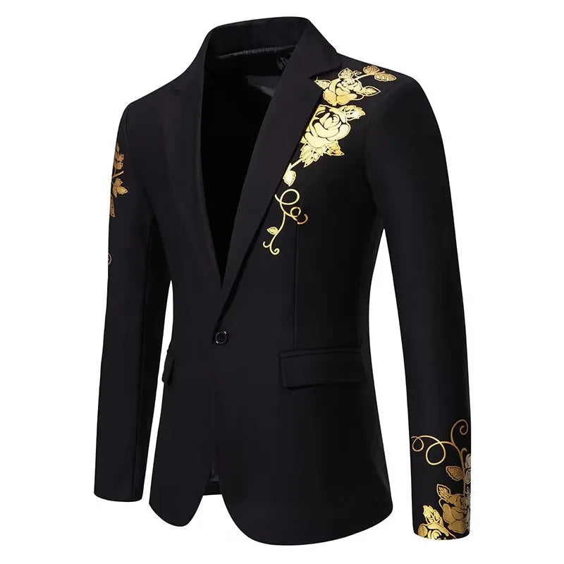 Gold Floral Print Blazer Suits Wedding One Button Men's Formal African Evening Jacket Coat Lapel Collar Notched Prom Bridegroom