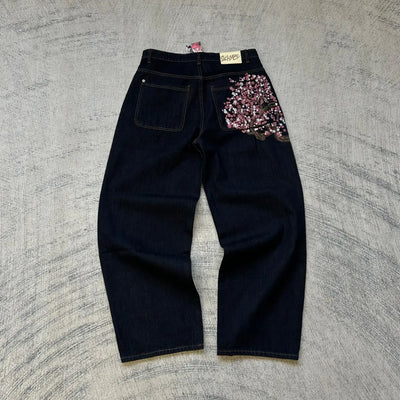 Vintage Low Waist Hip Hop Cherry Blossom Embroidered Jeans  Wide Leg Trousers Y2K Clothes Mens Womes Embroidered Baggy Jeans