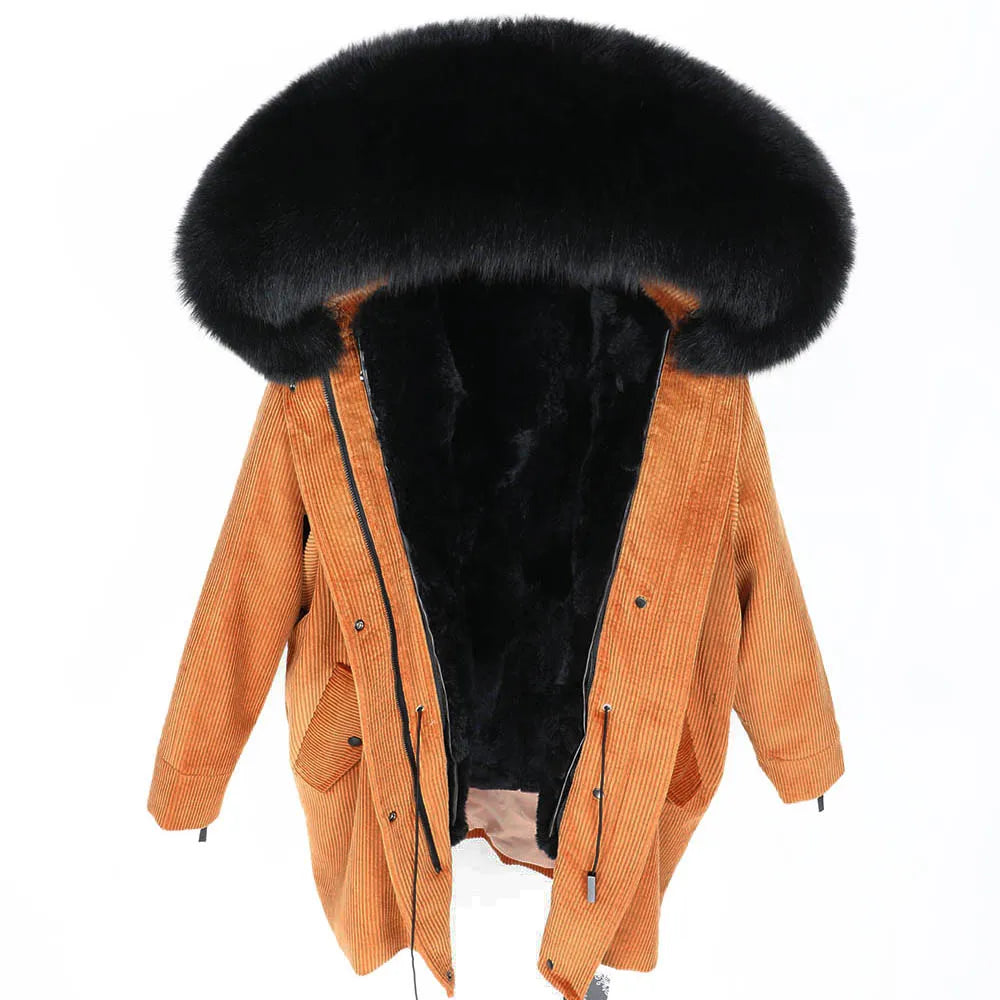 MAOMAOKONG 2022 Winter Parkas With Natural Real Raccoon Fur Collar Women Fur Coat CorduroyWarm Long Jacket Female Clothing