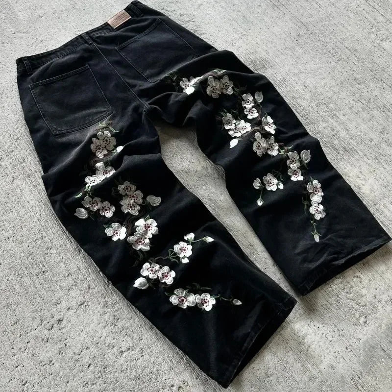 Vintage Low Waist Hip Hop Cherry Blossom Embroidered Jeans  Wide Leg Trousers Y2K Clothes Mens Womes Embroidered Baggy Jeans