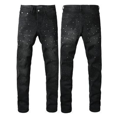 Men Straight jeans Fashion High Street Retro wash Rhinestones Retro Street Style Hip-hop Straight Trousers Streetwear Jeans