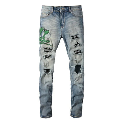 Trendy American Style Embroidered Streetwear Jeans High Elasticity Slim Fit Snake Eye Detailing Casual Scene Suitable