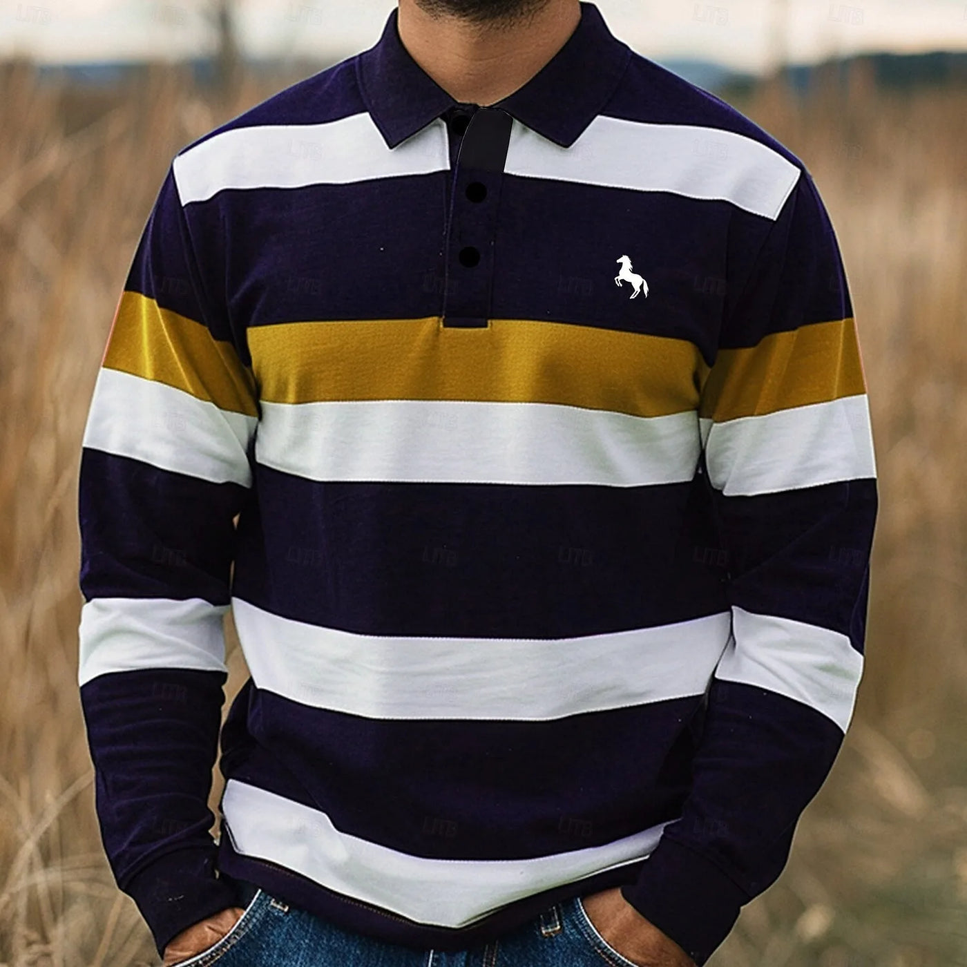 Men's Striped Rugby Long Sleeve Polo Collar Business Casual Outdoor Street Dailywear 3D Print Spring Fall Shirts Men's Clothing