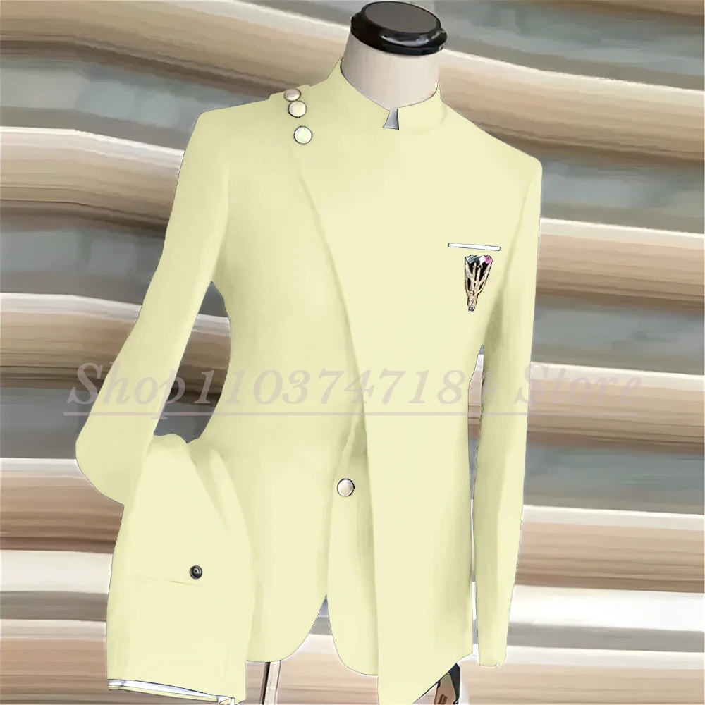 Navy Blue Men's Suits Single Breasted Stand Lapel Blazer African Style Formal Occasion Party 2 Piece Jacket Pants Costume Homme