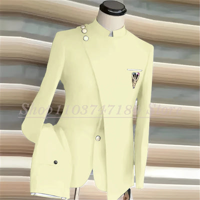 Navy Blue Men's Suits Single Breasted Stand Lapel Blazer African Style Formal Occasion Party 2 Piece Jacket Pants Costume Homme