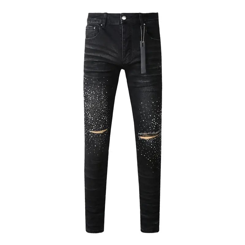 Fashion Top Quality Streetwear Distressed Men's Jeans  Vintage Low Rise Stretch Skinny Button Fly Ripped Hold Pants