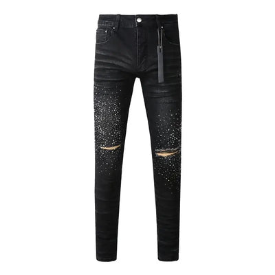 Fashion Top Quality Streetwear Distressed Men's Jeans  Vintage Low Rise Stretch Skinny Button Fly Ripped Hold Pants